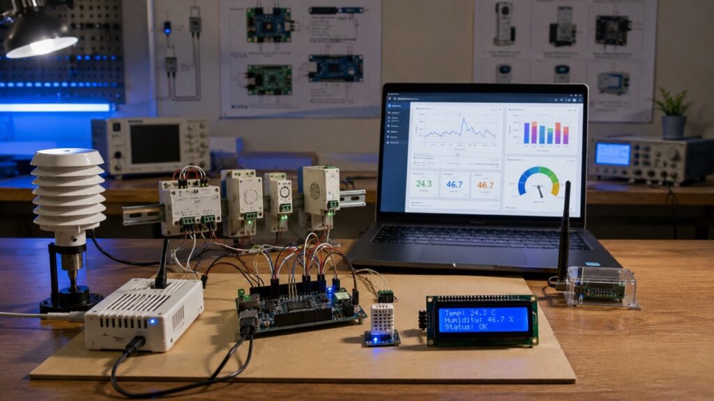 Навчальна IoT-система з мікроконтролером, датчиками температури й вологості та візуалізацією вимірювальних даних на ноутбуці.